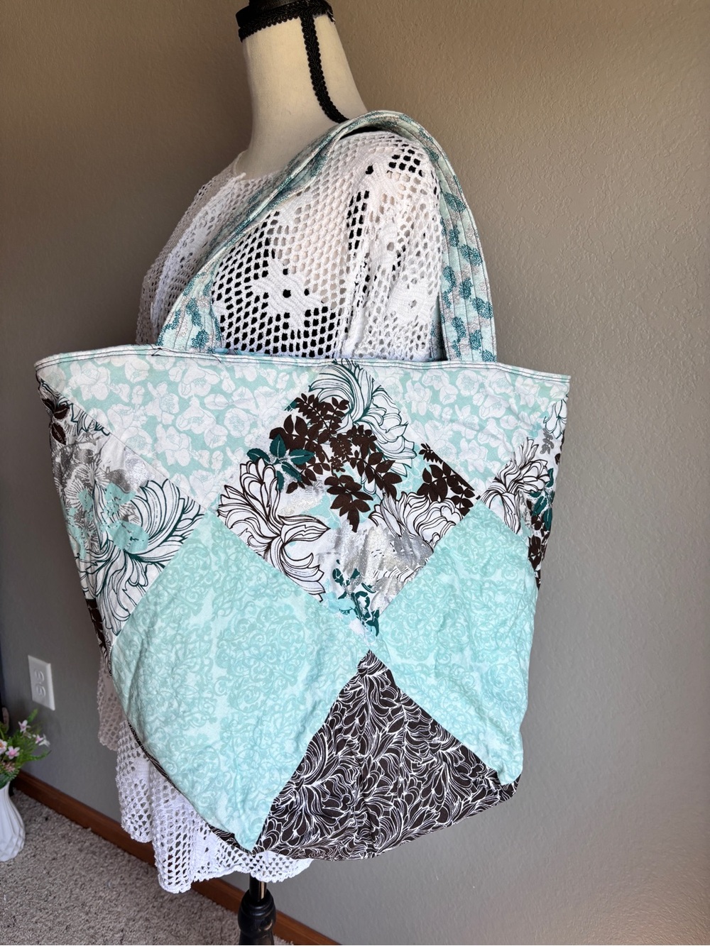 Quilted Patchwork Tote Bag in Mint & Brown tones